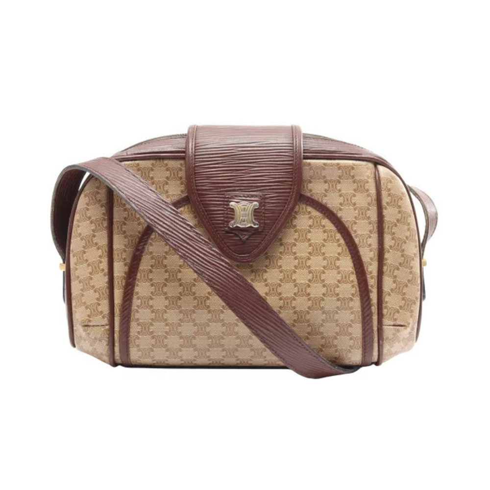 Celine Macadam Shoulder Bag Canvas Leather Beige Tan Brown